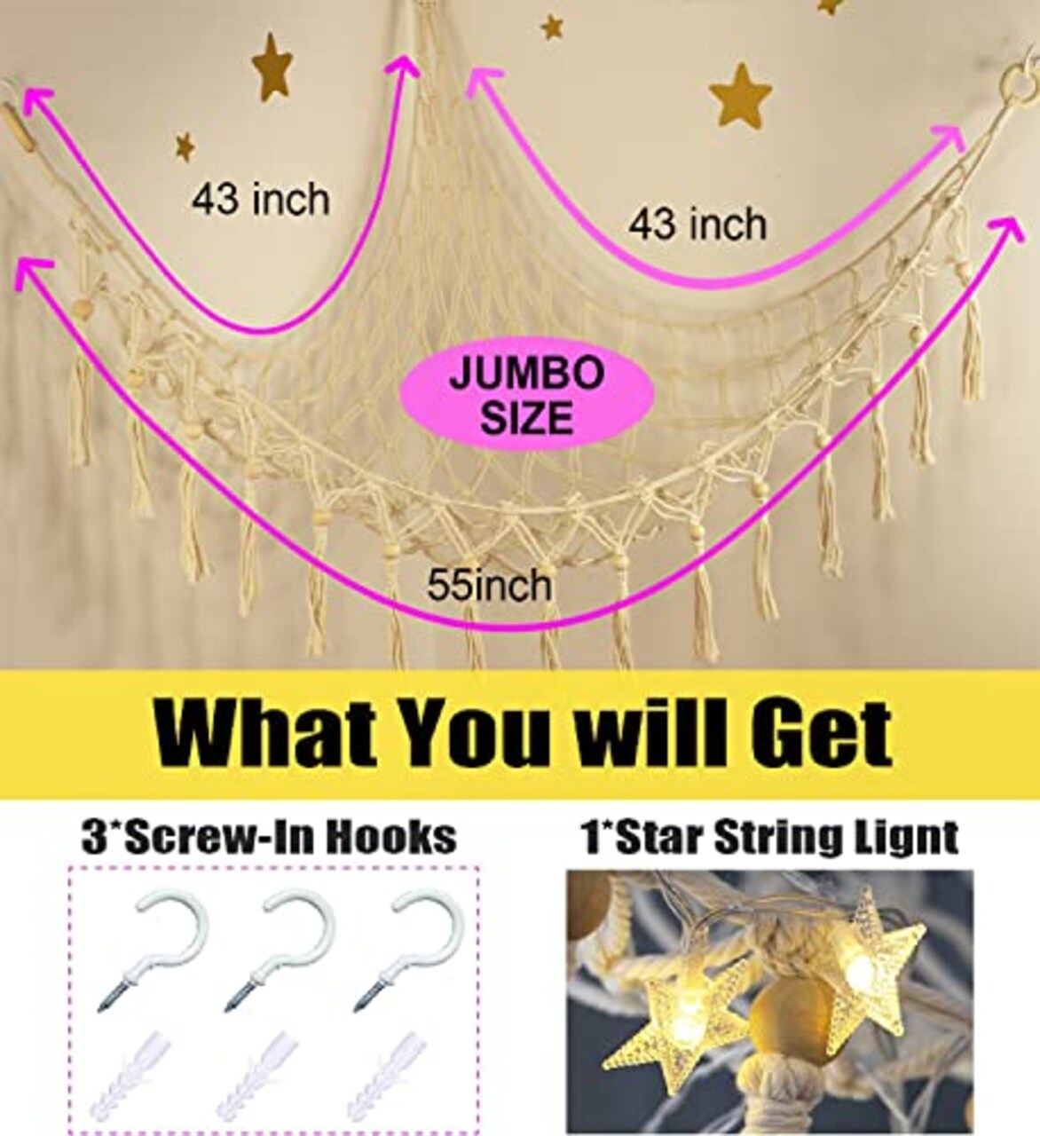 Stuffed Animal Toy Storage Hammock with LED Light-Macrame Jumbo Doll Room Corner Organizer Mesh Decoration-Hanging Storage Nets Kids Bedroom, (X-Large Size)